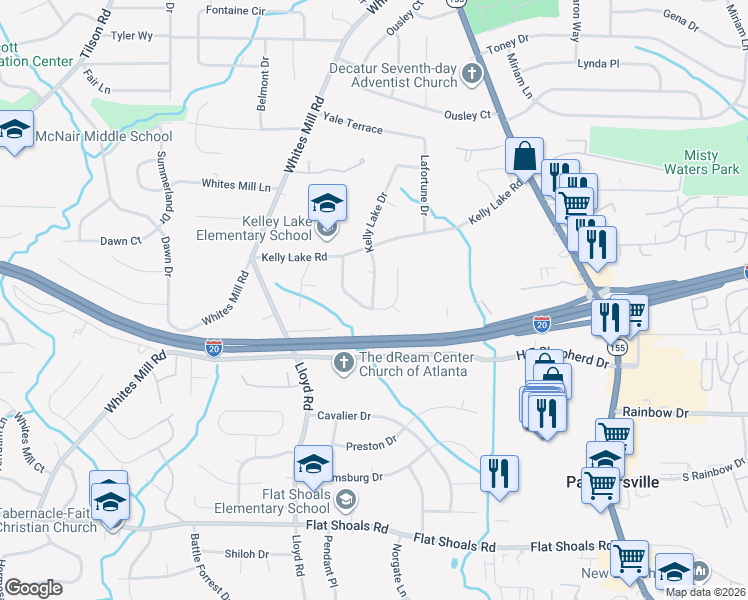 map of restaurants, bars, coffee shops, grocery stores, and more near 2542 Kelly Lake Drive in Decatur