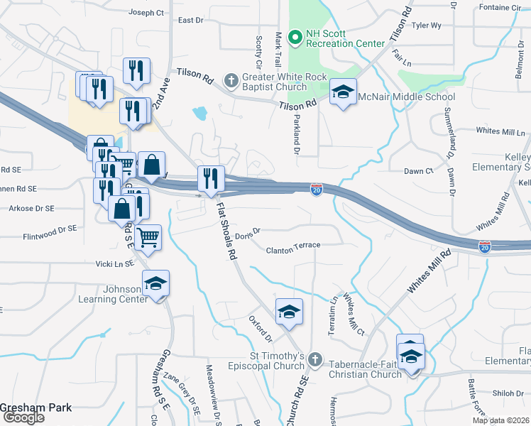 map of restaurants, bars, coffee shops, grocery stores, and more near 2157 Rexford Drive in Decatur