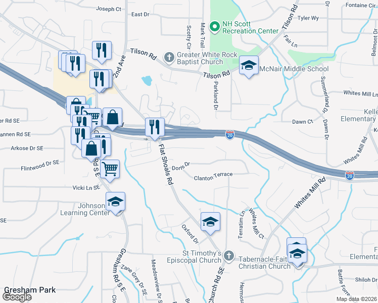 map of restaurants, bars, coffee shops, grocery stores, and more near 2145 Rexford Drive in Decatur
