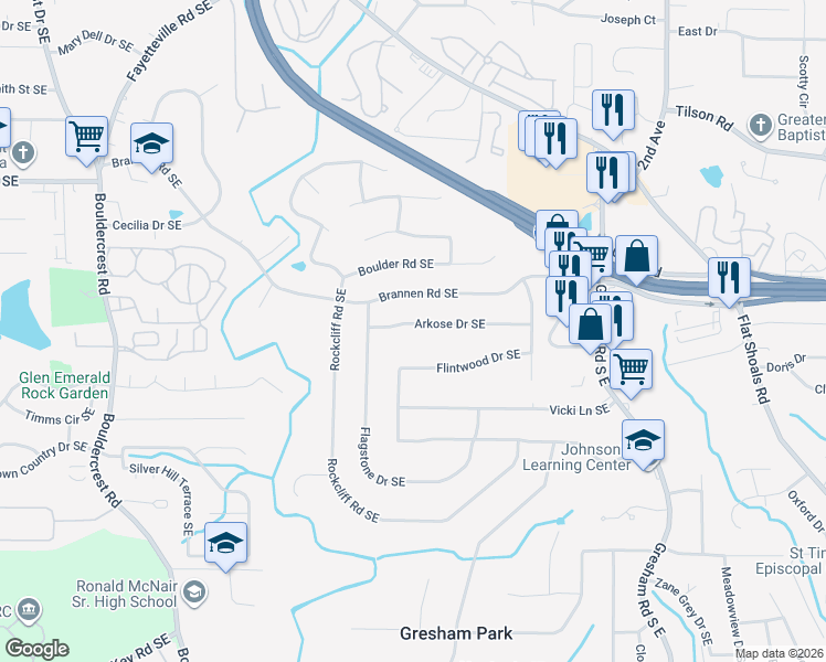 map of restaurants, bars, coffee shops, grocery stores, and more near 1767 Arkose Drive Southeast in Atlanta