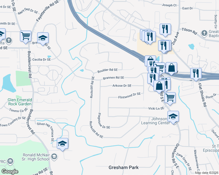 map of restaurants, bars, coffee shops, grocery stores, and more near 1761 Arkose Drive Southeast in Atlanta