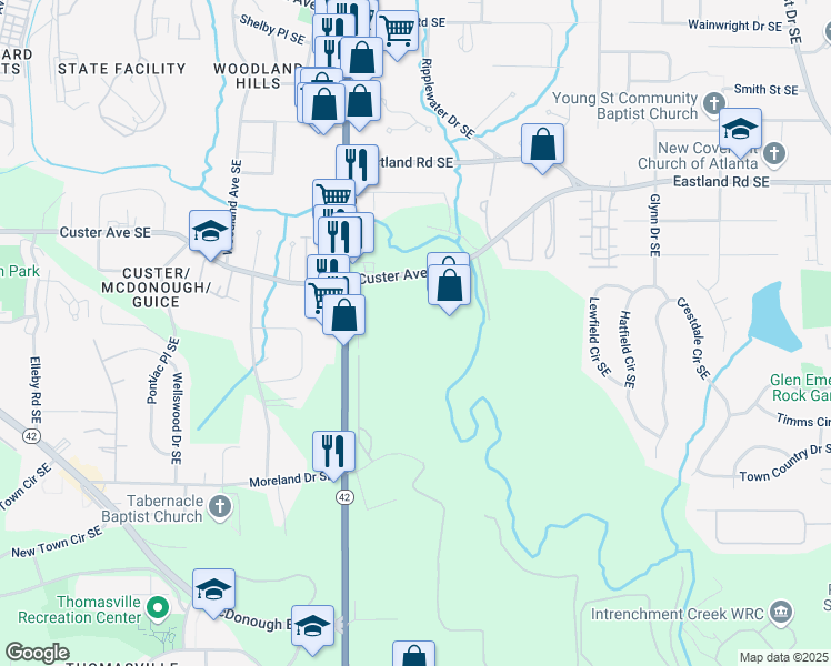map of restaurants, bars, coffee shops, grocery stores, and more near 1296 Moreland Avenue Southeast in Atlanta