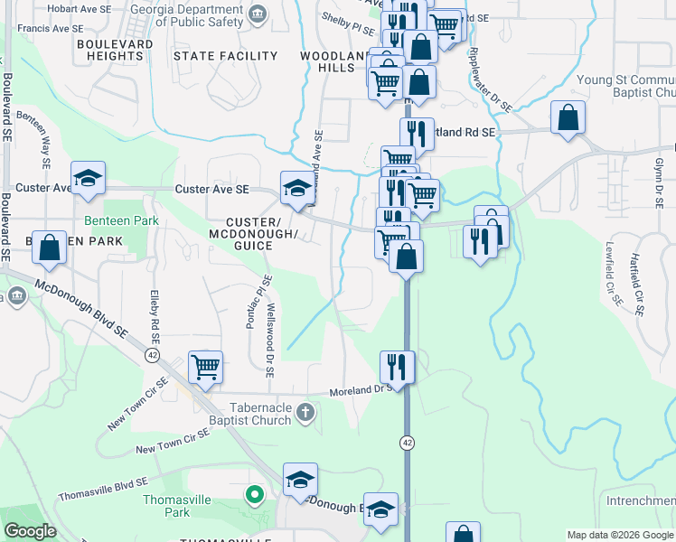 map of restaurants, bars, coffee shops, grocery stores, and more near 1460 Woodland Circle Southeast in Atlanta