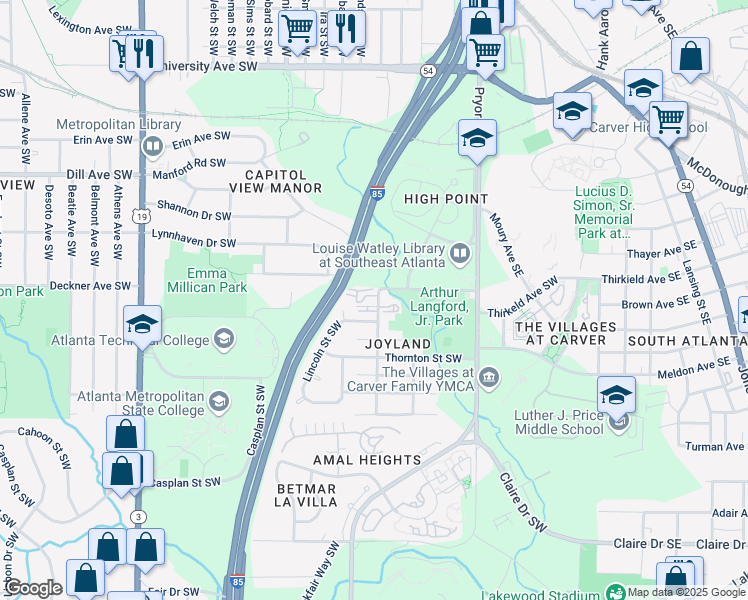 map of restaurants, bars, coffee shops, grocery stores, and more near 1 Arthur Langford Junior Place Southwest in Atlanta