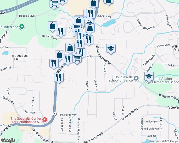 map of restaurants, bars, coffee shops, grocery stores, and more near 3375 Lauada Drive in Douglasville