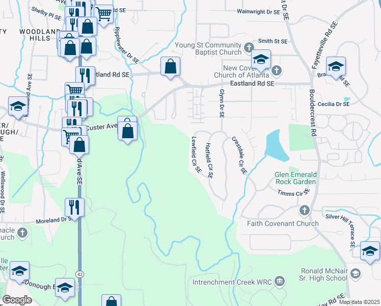 map of restaurants, bars, coffee shops, grocery stores, and more near 2555 Lewfield Circle Southeast in Atlanta
