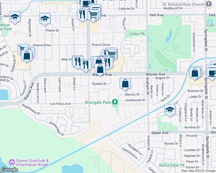 map of restaurants, bars, coffee shops, grocery stores, and more near 5172 Dunbar Drive in Huntington Beach