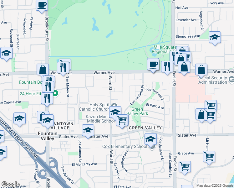 map of restaurants, bars, coffee shops, grocery stores, and more near 10552 El Manzano Avenue in Fountain Valley