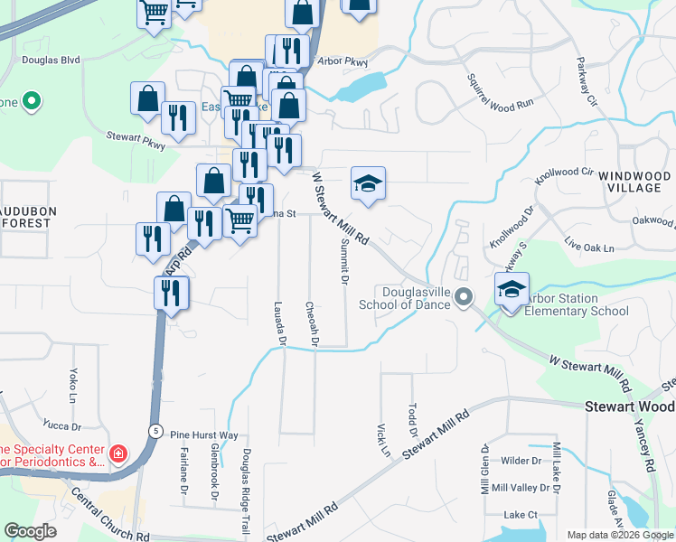 map of restaurants, bars, coffee shops, grocery stores, and more near 3376 Summit Drive in Douglasville