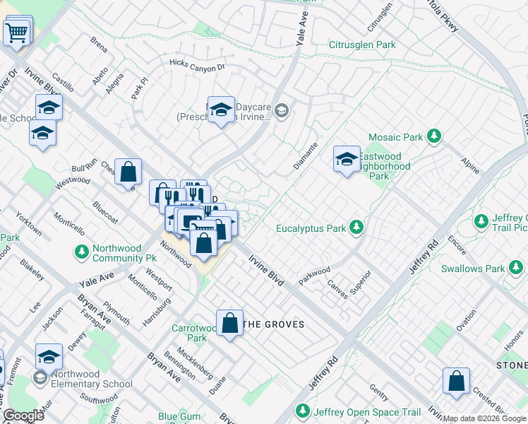 map of restaurants, bars, coffee shops, grocery stores, and more near 21 Streamwood in Irvine