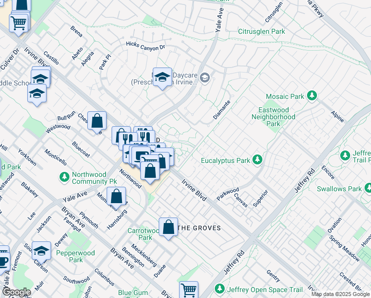 map of restaurants, bars, coffee shops, grocery stores, and more near 42 Streamwood in Irvine