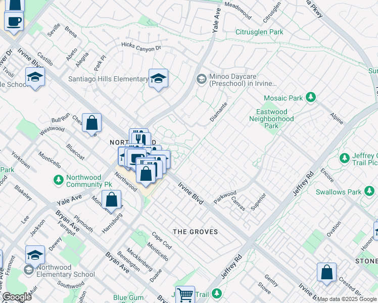 map of restaurants, bars, coffee shops, grocery stores, and more near 32 Streamwood in Irvine