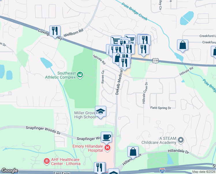 map of restaurants, bars, coffee shops, grocery stores, and more near 5903 Raven Ln in Lithonia