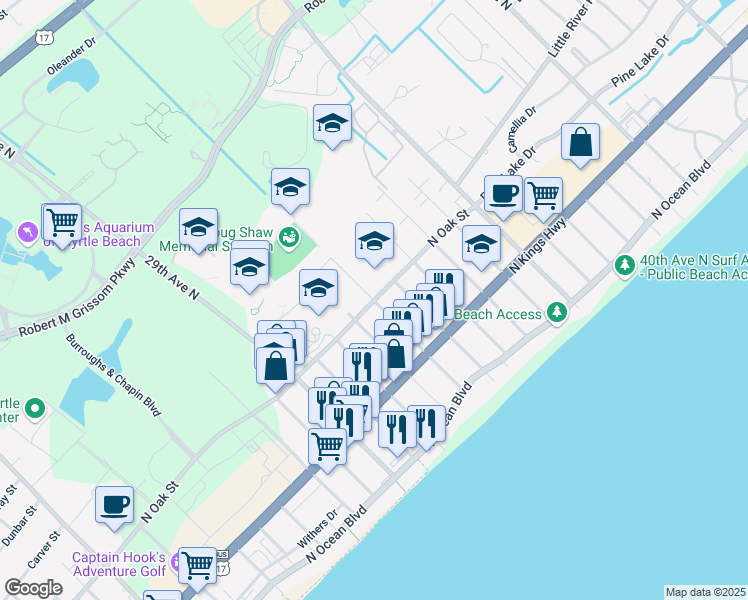 map of restaurants, bars, coffee shops, grocery stores, and more near 3301 North Oak Street in Myrtle Beach
