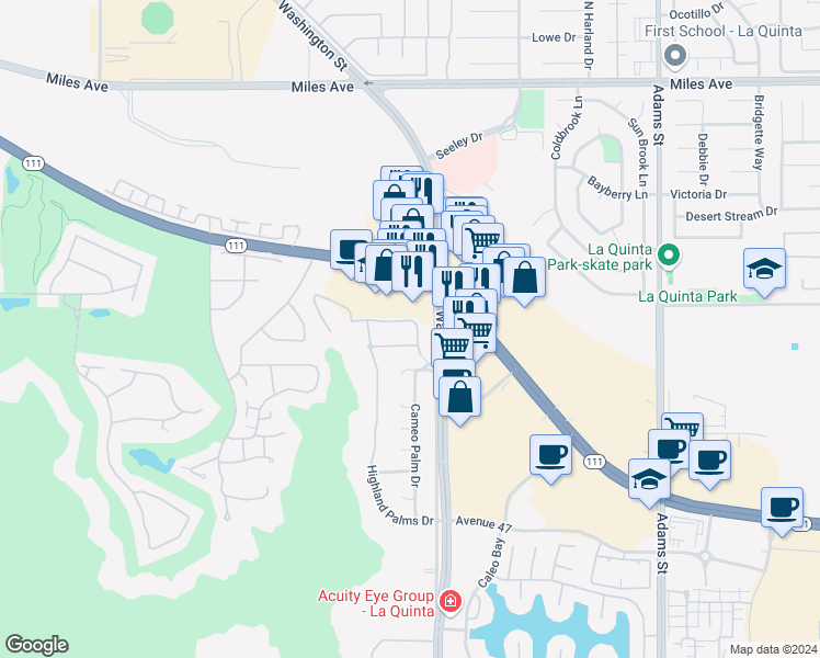map of restaurants, bars, coffee shops, grocery stores, and more near 78420 Heritage Way in La Quinta