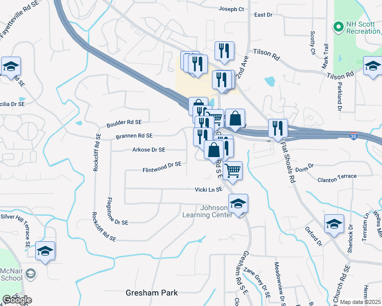 map of restaurants, bars, coffee shops, grocery stores, and more near 2555 Boulder Road Southeast in Atlanta