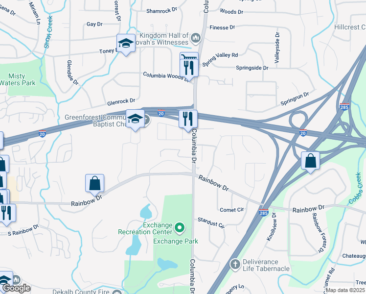 map of restaurants, bars, coffee shops, grocery stores, and more near 3279 Abbeywood Drive in Decatur