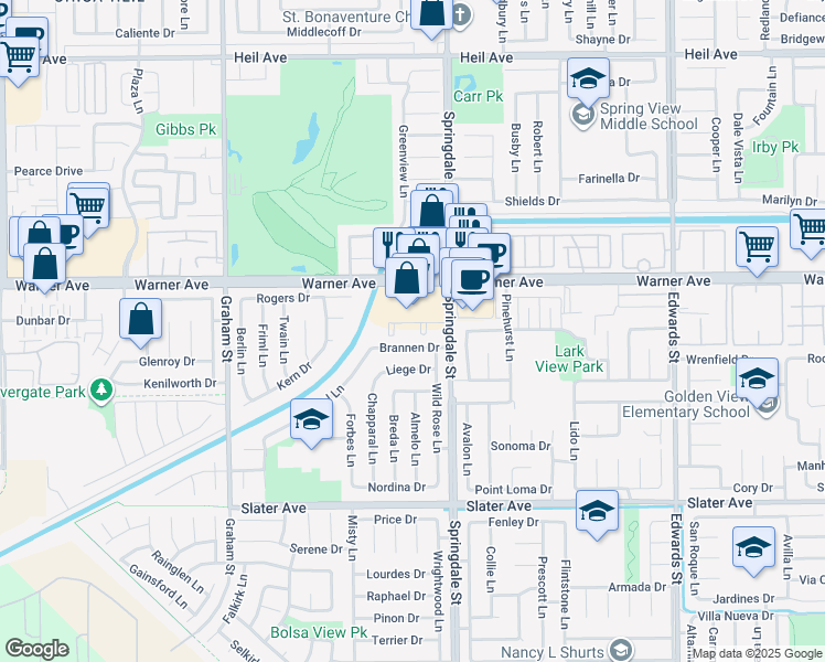 map of restaurants, bars, coffee shops, grocery stores, and more near 17101 Springdale Street in Huntington Beach