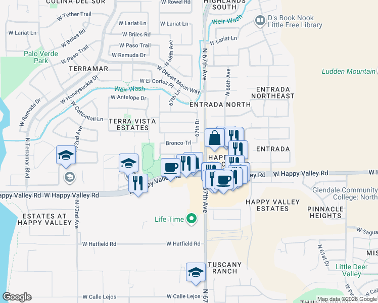 map of restaurants, bars, coffee shops, grocery stores, and more near 6752 West Buckskin Trail in Peoria