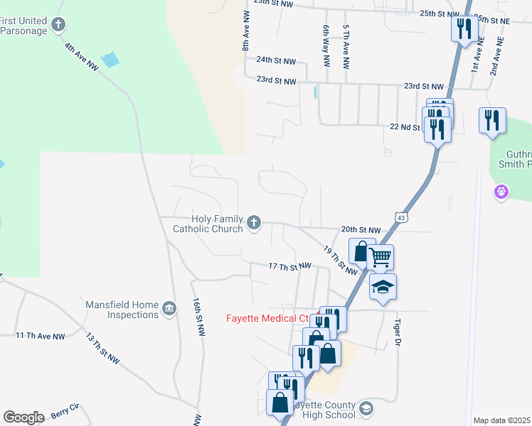 map of restaurants, bars, coffee shops, grocery stores, and more near 2120 Pineview Circle in Fayette