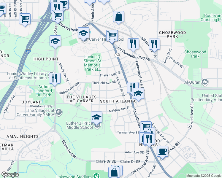 map of restaurants, bars, coffee shops, grocery stores, and more near 86 Brown Avenue Southeast in Atlanta