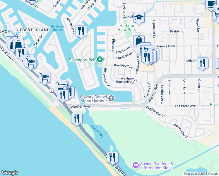 map of restaurants, bars, coffee shops, grocery stores, and more near 17007 Edgewater Lane in Huntington Beach