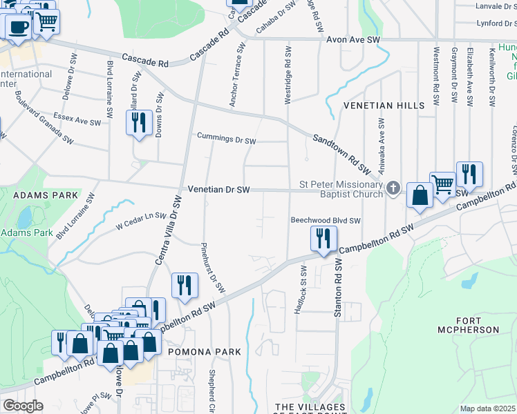 map of restaurants, bars, coffee shops, grocery stores, and more near 1527 Alder Lane Southwest in Atlanta