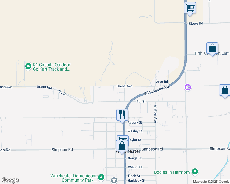 map of restaurants, bars, coffee shops, grocery stores, and more near 32935 Grand Avenue in Winchester