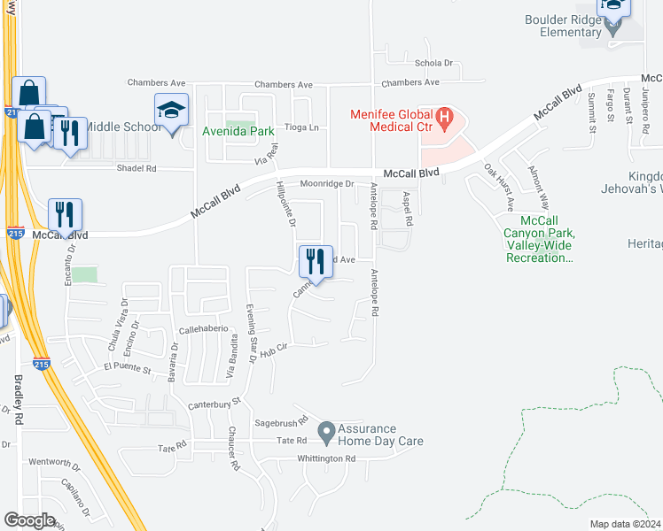 map of restaurants, bars, coffee shops, grocery stores, and more near 27883 Grand Avenue in Menifee