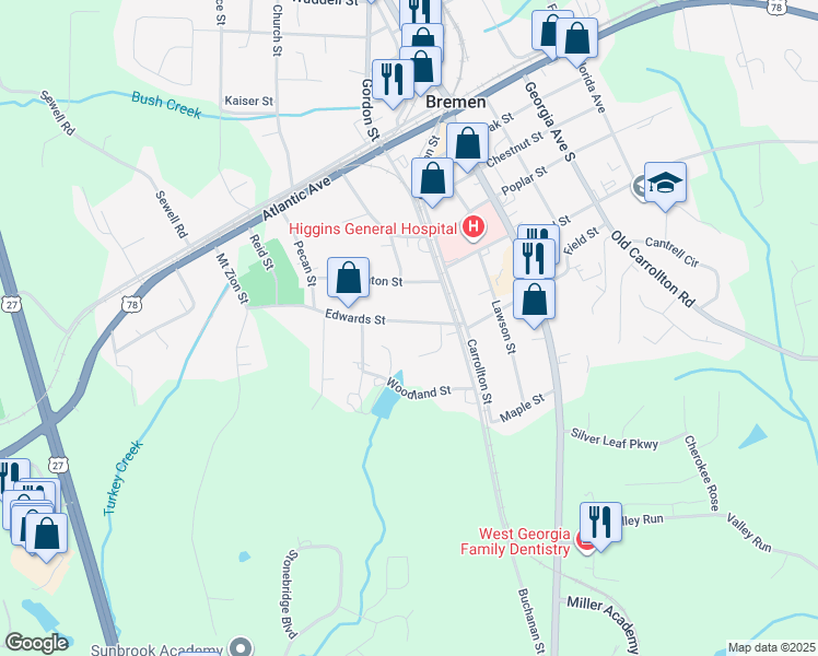 map of restaurants, bars, coffee shops, grocery stores, and more near 116 Edwards Street in Bremen