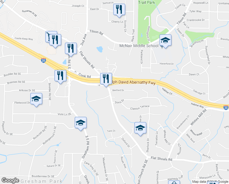 map of restaurants, bars, coffee shops, grocery stores, and more near 2105 Rexford Drive in Decatur