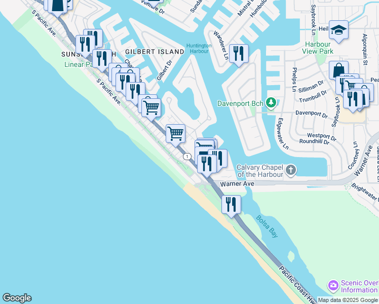 map of restaurants, bars, coffee shops, grocery stores, and more near 17102 Pacific Coast Highway in Huntington Beach