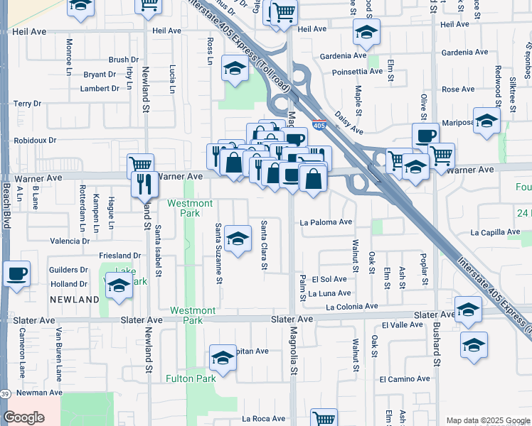 map of restaurants, bars, coffee shops, grocery stores, and more near 8895 La Paloma Avenue in Fountain Valley