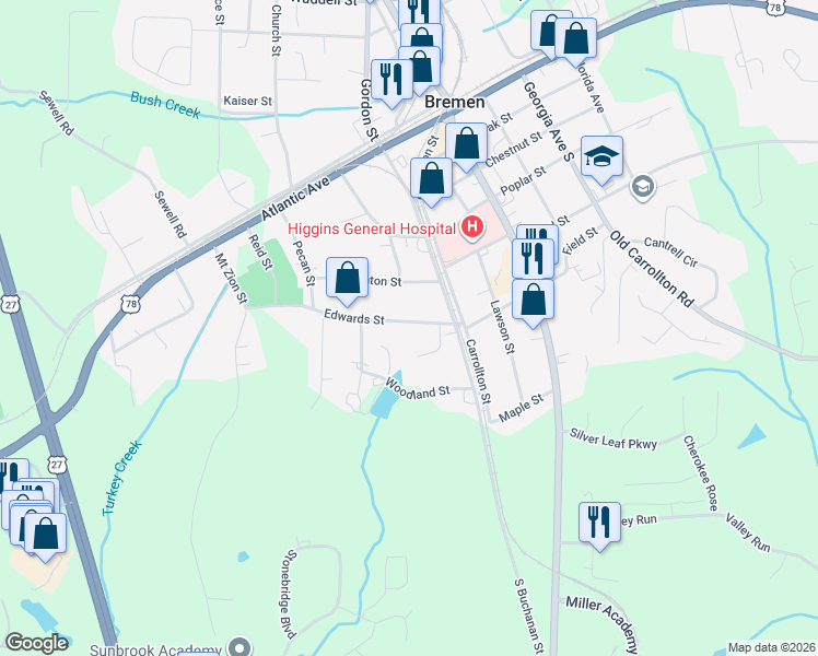 map of restaurants, bars, coffee shops, grocery stores, and more near 116 Edwards Street in Bremen