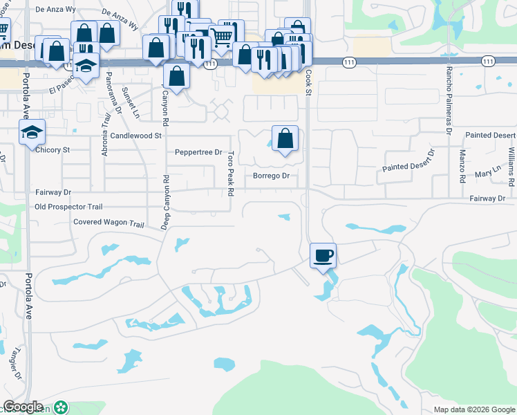 map of restaurants, bars, coffee shops, grocery stores, and more near 74835 Hummingbird Lane in Indian Wells