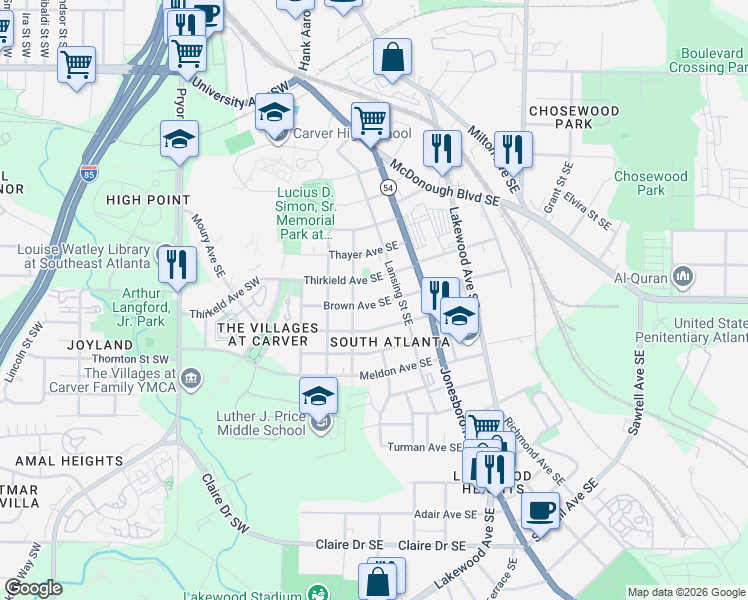 map of restaurants, bars, coffee shops, grocery stores, and more near 86 Brown Avenue Southeast in Atlanta
