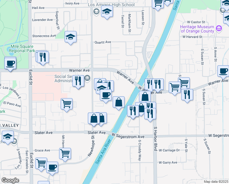 map of restaurants, bars, coffee shops, grocery stores, and more near 17220 Newhope Street in Fountain Valley
