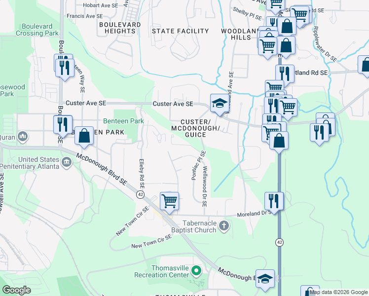 map of restaurants, bars, coffee shops, grocery stores, and more near 965 Rittenhouse Way Southeast in Atlanta
