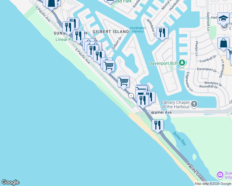map of restaurants, bars, coffee shops, grocery stores, and more near 17045 South Pacific Avenue in Huntington Beach