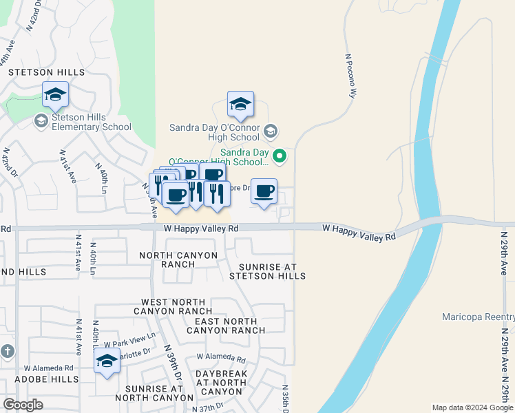 map of restaurants, bars, coffee shops, grocery stores, and more near 3510 West Happy Valley Road in Glendale
