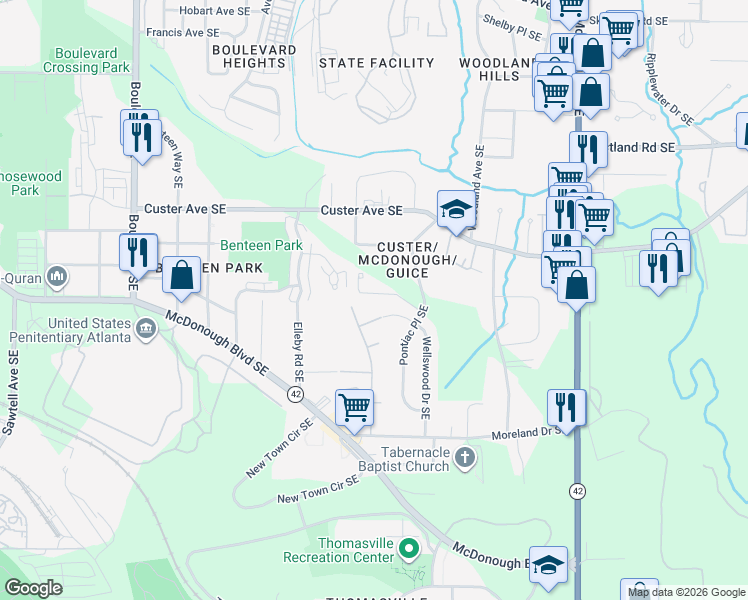 map of restaurants, bars, coffee shops, grocery stores, and more near 965 Rittenhouse Way Southeast in Atlanta