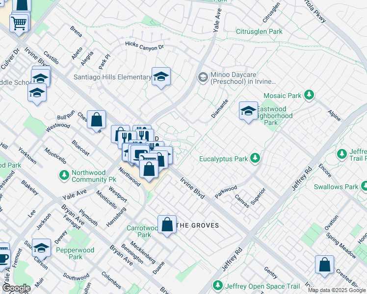 map of restaurants, bars, coffee shops, grocery stores, and more near 42 Streamwood in Irvine