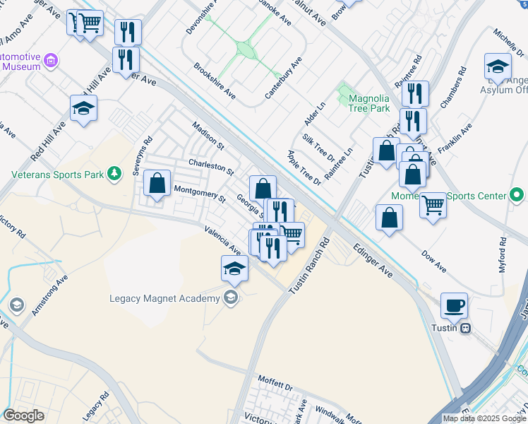 map of restaurants, bars, coffee shops, grocery stores, and more near 1443 Georgia Street in Tustin