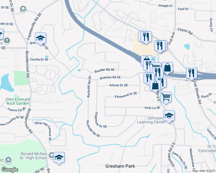 map of restaurants, bars, coffee shops, grocery stores, and more near 1767 Arkose Drive Southeast in Atlanta