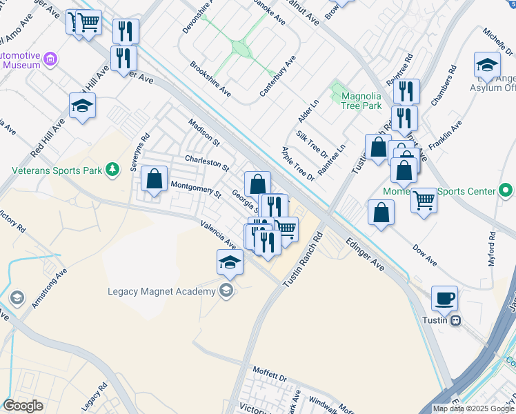 map of restaurants, bars, coffee shops, grocery stores, and more near 1443 Georgia Street in Tustin