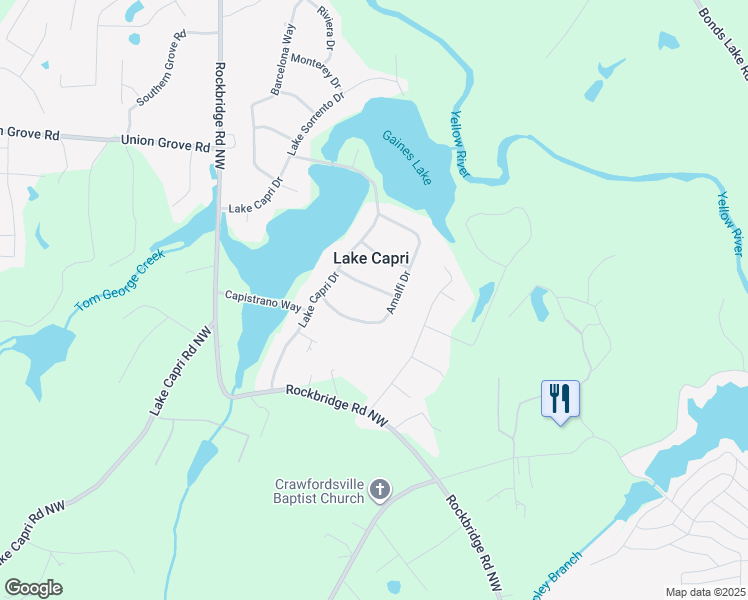 map of restaurants, bars, coffee shops, grocery stores, and more near 1986 Gibralter Way in Conyers
