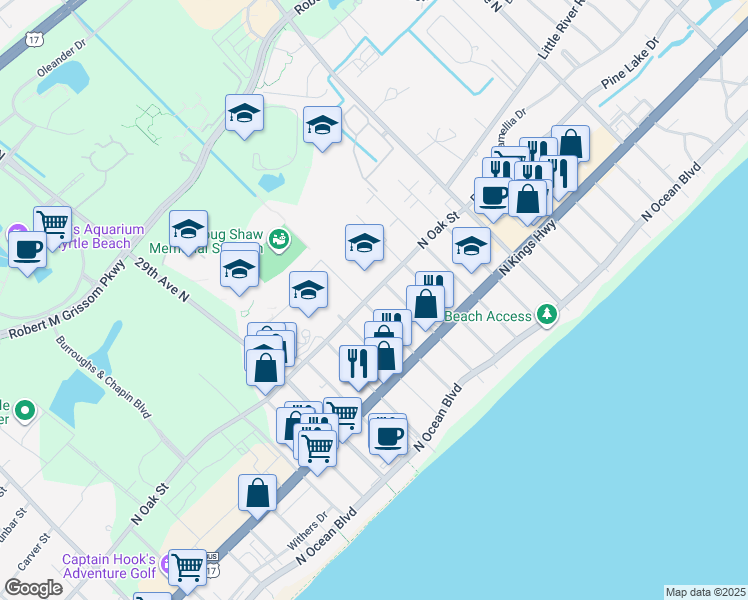 map of restaurants, bars, coffee shops, grocery stores, and more near 3300 North Oak Street in Myrtle Beach