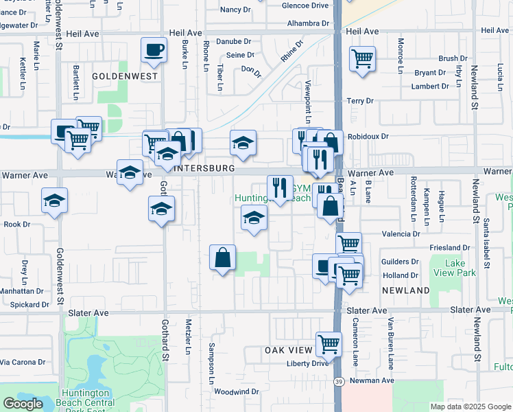 map of restaurants, bars, coffee shops, grocery stores, and more near 17102 Emerald Lane in Huntington Beach