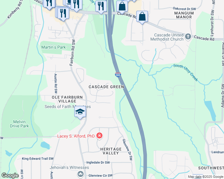 map of restaurants, bars, coffee shops, grocery stores, and more near 3700 Winfield Court Southwest in Atlanta