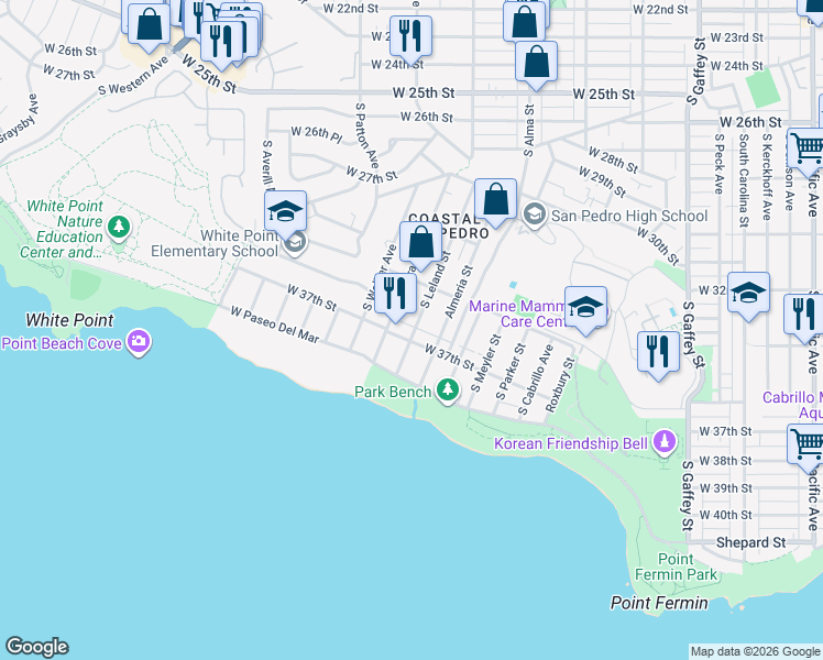 map of restaurants, bars, coffee shops, grocery stores, and more near 3677 South Leland Street in Los Angeles